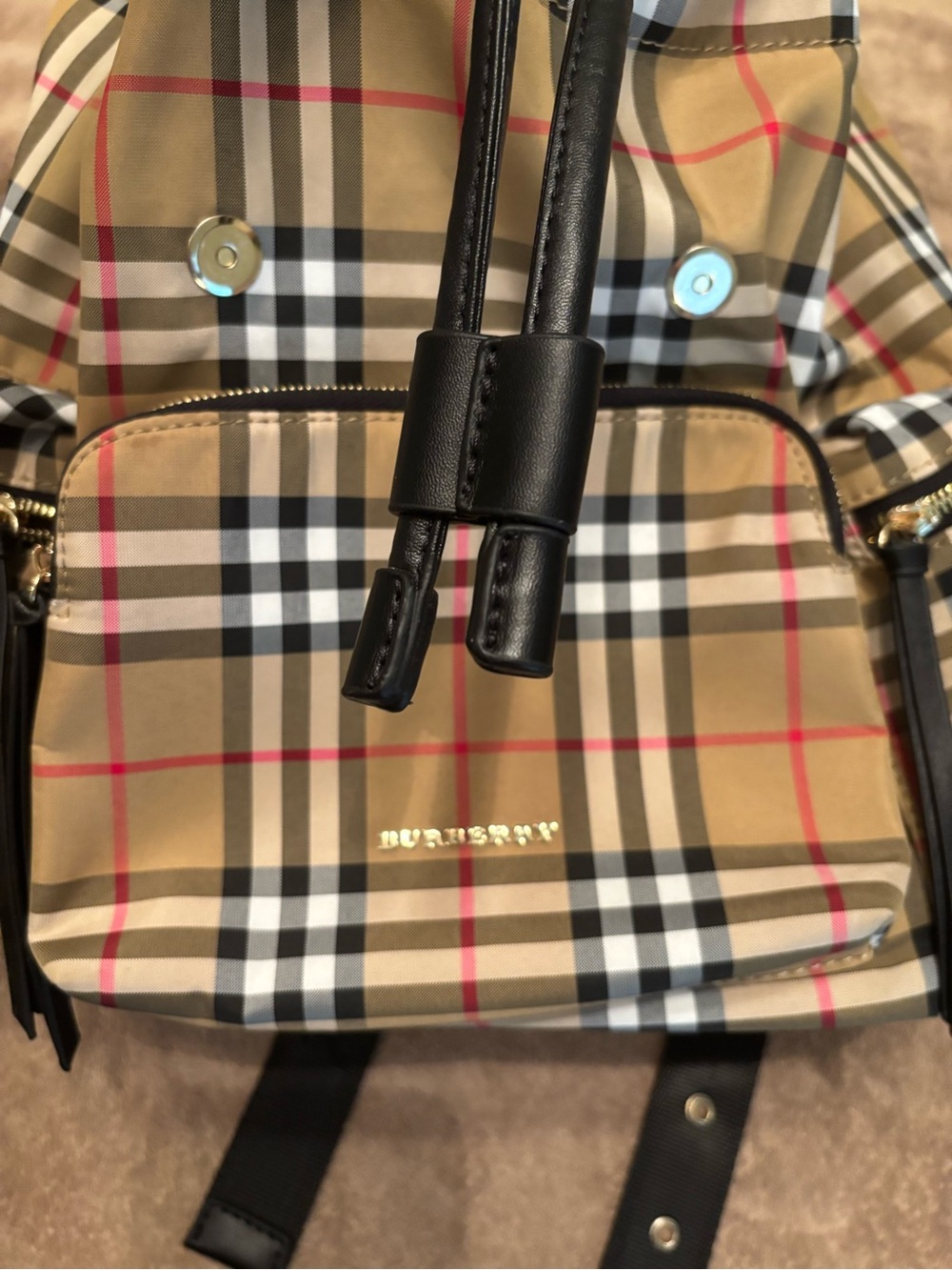 Tan Nova Check Drawstring Backpack with Black Trim - Picture 10 of 10
